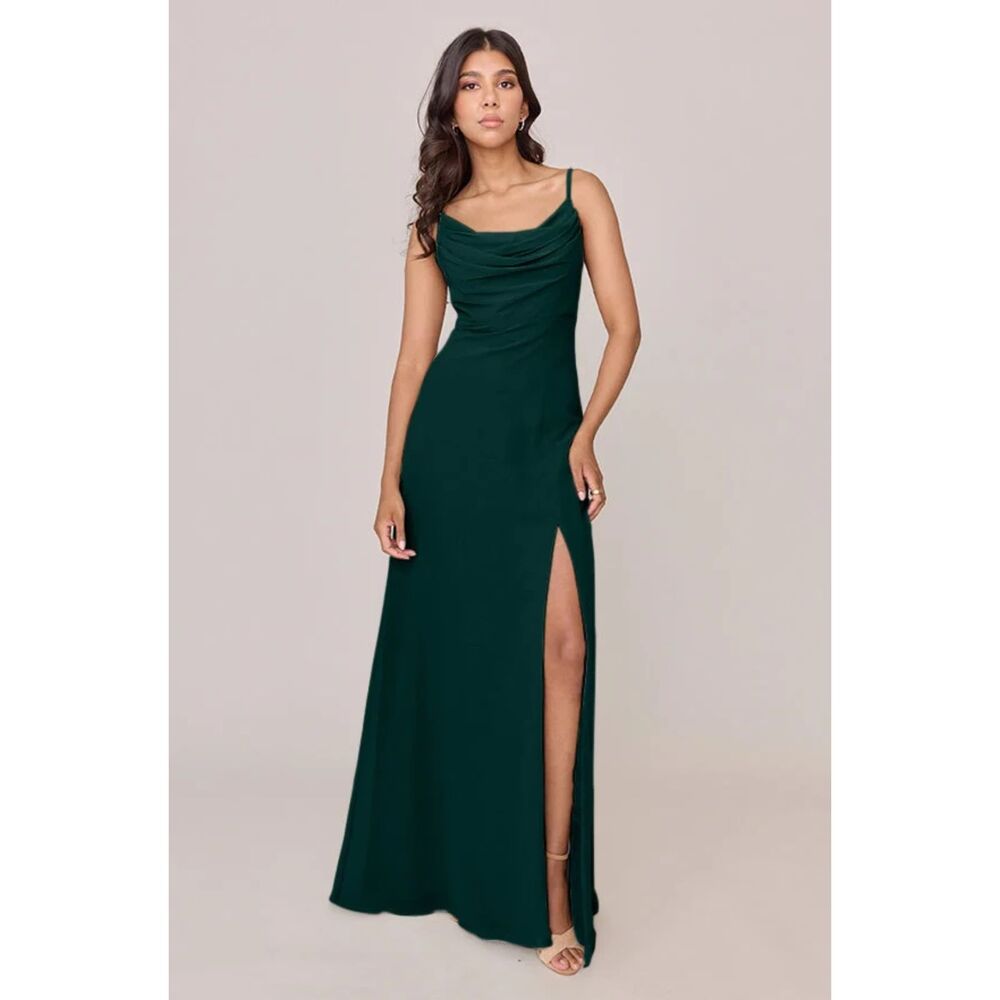 Revelry Ember Chiffon Dress 8 Emerald Green NWT Cowl Neck Lace Up Back Maxi